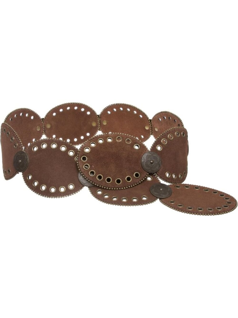 Stylish Suede Leather Oval Disc Belt with Concho & Grommets, Metal Ball Chain